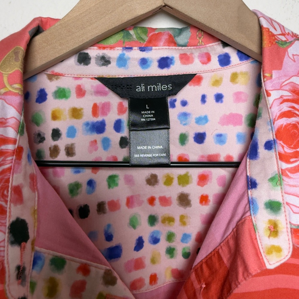 Ali Miles Womens 100% Cotton Button Up Shirt L Pink Floral Butterfly Fringe Trim - Picture 6 of 10
